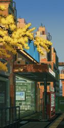 animated animated_gif blue_sky building city clear_sky commentary day english_commentary falling_leaves leaf looping_animation no_humans original outdoors pixel_art scenery sky tree vending_machine waneella