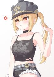 Rule 34 | 1girl, absurdres, anger vein, bare arms, bare shoulders, black helmet, black shorts, blonde hair, blush, closed mouth, collarbone, commentary request, cowboy shot, crop top, helmet, highres, looking ahead, luciana de montefio, makuraapillow, midriff, no jacket, red eyes, revision, short shorts, shorts, side ponytail, sleeveless, solo, zenless zone zero