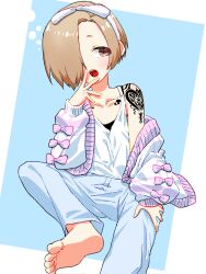 1girl asagi666c barefoot blonde_hair blush brown_eyes camisole cardigan flat_chest hair_over_one_eye heart heart_tattoo highres idolmaster idolmaster_cinderella_girls looking_at_viewer off_shoulder open_cardigan open_clothes open_mouth shirasaka_koume short_hair shoulder_tattoo single_bare_shoulder soles solo tattoo toes