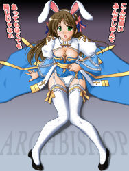 1girl animal_ears arch_bishop_(ragnarok_online) black_shoes blue_bow blue_dress blush bow breasts brown_hair character_name cleavage cleavage_cutout clothes_lift clothing_cutout commentary_request cross dress fake_animal_ears fingernails fishnet_thighhighs fishnets frilled_thighhighs frills full_body green_eyes hair_bow juliet_sleeves large_breasts long_hair long_sleeves looking_at_viewer open_mouth panties pelvic_curtain pelvic_curtain_lift pink_bow puffy_sleeves rabbit_ears ragnarok_online red_nails sash shoes sitting solo tatsumi_ray thighhighs translation_request two-tone_dress underwear white_dress white_panties white_thighhighs yellow_sash