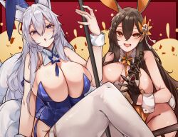 2girls :o animal_ear_fluff animal_ears azur_lane bare_shoulders blue_eyes blue_garter_straps blue_leotard bottle braid breasts brown_gloves brown_hair chikuma_(azur_lane) chikuma_(premium_prize_on_the_table)_(azur_lane) collar donkey_ears earrings extra_ears fake_animal_ears fox_ears fox_girl fox_tail gloves grey_hair hair_between_eyes highres holding holding_bottle huge_breasts jewelry kitsune kive kyuubi large_tail leotard long_hair looking_at_viewer manjuu_(azur_lane) multiple_girls multiple_tails official_alternate_costume open_mouth orange_eyes orange_leotard playboy_bunny rabbit_ears shinano_(azur_lane) shinano_(visions_of_fantasy)_(azur_lane) tail thighhighs undersized_breast_cup very_long_hair white_collar white_tail white_thighhighs white_wrist_cuffs wrist_cuffs