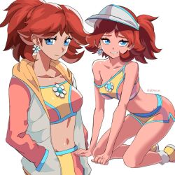 1girl 604yue blue_eyes breasts brown_hair closed_mouth collarbone crop_top earrings flower_earrings hat highres jacket jewelry looking_at_viewer mario_(series) mario_kart mario_kart_world midriff navel nintendo official_alternate_costume open_clothes open_jacket open_mouth orange_sports_bra ponytail princess_daisy princess_daisy_(swimwear)_(mario_kart_world) shorts smile solo sports_bra teeth white_hat yellow_shorts yellow_sports_bra