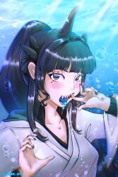 1girl absurdres air_bubble artemis_of_the_blue artist_name atelier_live black_hair black_nails blue_tongue blunt_bangs bubble chromatic_aberration collared_shirt colored_tongue drooling finger_in_own_mouth hair_ribbon highres hood hood_down hoodie kasan_art mole mole_under_eye mouth_drool ponytail ribbon shark_fin shark_girl sharp_teeth shirt solo submerged teeth upper_body virtual_youtuber white_hoodie