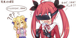 Rule 34 | 2girls, ?, ??, ahoge, blonde hair, blush, breasts, chibi, chinese commentary, date a live, double bun, hair between eyes, hair bun, hair ribbon, head-mounted display, hoshimiya mukuro, itsuka kotori, large breasts, long hair, multiple girls, open mouth, red hair, red ribbon, ribbon, speech bubble, sweat, tsubasaki, twintails, yellow eyes