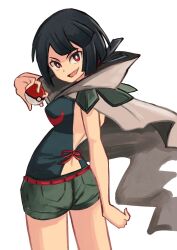 1girl :d black_hair brown_cape cape from_behind highres holding holding_poke_ball looking_at_viewer nintendo open_mouth poke_ball poke_ball_(basic) pokemon pokemon_oras red_eyes short_hair short_shorts shorts smile solo tikuwabu_33 white_background zinnia_(pokemon)