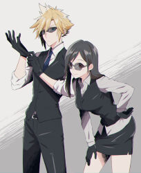 1boy 1girl absurdres adjusting_clothes adjusting_gloves alternate_costume belt black_gloves black_hair black_pants black_skirt black_vest blonde_hair blue_eyes blue_necktie breasts cloud_strife collared_shirt commentary_request detective earrings final_fantasy final_fantasy_vii glasses gloves hand_on_own_hip highres jewelry long_hair long_sleeves medium_breasts mizuamememe necktie pants pencil_skirt red_eyes shirt single_earring skirt sleeves_rolled_up stud_earrings sunglasses tifa_lockhart vest waistcoat white_shirt