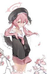 Rule 34 | 1girl, absurdres, bare shoulders, beret, bilibili logo, black hat, black sweater, blue archive, cherry blossoms, chinese commentary, closed mouth, commentary request, cowboy shot, flower, hair between eyes, halo, hat, head wings, highres, koharu (blue archive), long hair, long sleeves, looking at viewer, miniskirt, off shoulder, pink eyes, pink flower, pink hair, pink halo, pink skirt, pleated skirt, simple background, sketch, skirt, sleeves past fingers, sleeves past wrists, solo, standing, sweater, tan ji shi mi shou, watermark, white background, wings