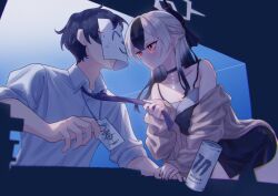 1boy 1girl aoore_x64 black_choker black_dress black_hair black_horns black_nails blue_archive blush breasts brown_jacket can choker cleavage closed_mouth clothes_grab collarbone collared_shirt commentary_request demon_horns doodle_sensei_(blue_archive) dress drink_can energy_drink grey_hair hair_between_eyes halo highres horns id_card jacket kayoko_(blue_archive) kayoko_(dress)_(blue_archive) lanyard leaning_forward long_hair looking_at_another monster_energy multicolored_hair necktie necktie_grab neckwear_grab off_shoulder official_alternate_costume official_alternate_hairstyle paper_on_head purple_necktie red_eyes sensei_(blue_archive) shirt two-tone_hair white_shirt