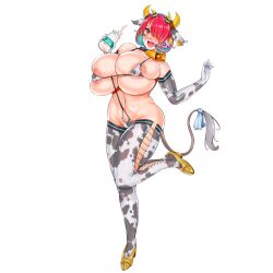 1girl 41_(taskmaster41) :d animal_ear_headwear animal_ears animal_print areola_slip bare_shoulders bell belly bikini black_collar blue_hair blue_ribbon blush bottle breasts bursting_breasts cleavage collar colored_inner_hair covered_erect_nipples cow_ears cow_horns cow_print cow_print_bikini cow_print_gloves cow_print_thighhighs cow_tail cowbell curvy deep_skin ear_tag elbow_gloves english_text fake_animal_ears fake_horns fake_tail frilled_ribbon frills full_body gloves gold_footwear hair_over_one_eye headset heart_on_cheek high_heels highres holding holding_bottle hoof_shoes horns huge_breasts ignis_(last_origin) large_areolae last_origin looking_at_viewer micro_bikini milk milk_bottle multicolored_hair multiple_horns navel official_alternate_costume official_art open_mouth print_bikini print_gloves print_thighhighs red_eyes red_hair ribbon short_hair simple_background skindentation smile solo spilling standing standing_on_one_leg string_bikini sweatdrop swimsuit tachi-e tail teeth thick_thighs thighhighs thighs third-party_source transparent_background two-tone_hair undersized_clothes upper_teeth_only v-shaped_eyebrows y-string yellow_horns