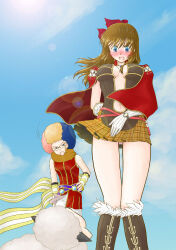 1boy 1girl afro amistr_(ragnarok_online) animal animal_around_neck belt blonde_hair blue_eyes blue_hair blue_sky boots bow breasts brown_belt brown_boots brown_dress brown_hair cape colored_pencil_(medium) commentary_request creator_(ragnarok_online) day detached_sleeves dress feet_out_of_frame fox fur-trimmed_boots fur_trim gloves hair_bow harunyan highres long_hair medium_breasts multicolored_hair open_mouth outdoors panties pantyshot pink_bow pink_panties pink_shirt plunging_neckline professor_(ragnarok_online) ragnarok_online red_bow red_cape red_hair sheep shirt short_dress short_hair sky sleeveless sleeveless_shirt standing striped_sleeves traditional_media underwear white_gloves white_sleeves wind wind_lift