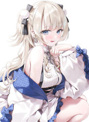 1girl :q absurdres armpit_crease bare_shoulders blonde_hair blue_eyes closed_mouth commentary_request crop_top frilled_skirt frills hair_ribbon hand_up highres jacket licking_lips long_hair long_sleeves looking_at_viewer midriff_peek mole mole_on_cheek nail_polish off_shoulder one_side_up open_clothes open_jacket original puffy_long_sleeves puffy_sleeves ribbed_shirt ribbon shirt skirt sleeveless sleeveless_shirt smile solo tongue tongue_out white_jacket white_shirt white_skirt yana_mori
