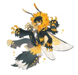Rule 34 | 1boy, abdomen tail, antennae, arthropod boy, arthropod tail, artist name, bad link, bairizuomeng, bee, bee boy, black fur, black hair, blunt bangs, bug, extra arms, from side, full body, hair between eyes, highres, insect, male focus, midair, monster boy, neck fur, original, paw pose, pawpads, short hair, simple background, solo, striped fur, white background, yellow fur, yellow visor