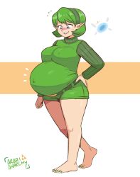 1girl absurdres arbrianarchy barefoot blush breasts covered_erect_nipples covered_navel fairy female_focus full_body green_eyes green_hair hand_on_own_hip highres large_breasts looking_down matching_hair/eyes nail_polish nintendo pointy_ears pregnant saria_(zelda) short_hair short_shorts shorts solo sweat the_legend_of_zelda the_legend_of_zelda:_ocarina_of_time thick_thighs thighs toenail_polish toenails