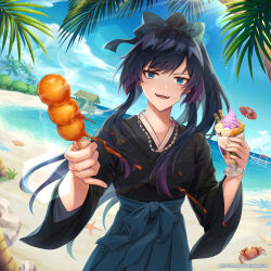 1girl absurdres ado_(utaite) beach black_hair black_kimono blue_eyes blue_skirt chando_(ado) cinnamyon commentary crab day english_commentary food highres holding holding_food japanese_clothes kimono mole mole_under_eye ocean open_mouth pleated_skirt ponytail sidelocks skirt solo teeth utaite