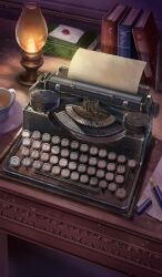 book commentary cup envelope fate/grand_order fate_(series) indoors lasengle no_humans official_art pen saucer still_life teacup third-party_source typewriter