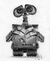 artist_name graphite_(medium) greyscale lensnation monochrome no_humans non-humanoid_robot robot signature simple_background traditional_media wall-e wall-e_(character) white_background
