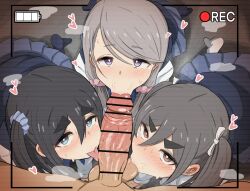 1boy 3girls :&gt;= all_fours amamiya_satsuki_(mono) bar_censor battery_indicator black_hair blue_eyes blue_skirt bright_pupils captain_bouzu censored cooperative_fellatio erection fellatio grey_hair hair_ornament hair_scrunchie heart hetero highres kiriyama_ann licking licking_penis long_sleeves looking_at_viewer mono_(afro) multiple_girls oral penis pov purple_eyes recording scrunchie shikishima_sakurako skirt teamwork_(sexual) testicle_sucking testicles tongue tongue_out viewfinder white_pupils