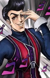 1boy absurdres artist_name black_hair grey_background grin highres jojo_no_kimyou_na_bouken lazytown looking_at_viewer male_focus meloramylin purple_eyes robbie_rotten sideburns smile solo standing striped_clothes striped_vest upper_body vest