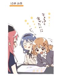 3girls :d black_hairband black_hat blank_eyes blue_hair blue_shirt blush_stickers brown_eyes brown_hair collared_shirt commentary_request contrast_collar fang furutani_himawari grey_shirt hair_ornament hairband hairclip hat highres long_hair long_sleeves menu multiple_girls namori oomuro_sakurako open_mouth purple_shirt red_hair shirt short_hair short_sleeves simple_background small_sweatdrop smile translation_request v-shaped_eyebrows white_background yuruyuri