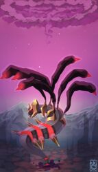 artist_logo black_sclera colored_sclera dragon_tail full_body gen_4_pokemon giratina giratina_(origin) highres jellojolteon2000 legendary_pokemon logo looking_at_viewer nintendo no_humans pokemon pokemon_(creature) purple_sky red_eyes sky solo star_(sky) tail