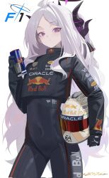 Rule 34 | 1girl, artist name, at&amp;t, black bodysuit, black gloves, black halo, black horns, black racing suit, blue archive, bodysuit, can, collared jacket, commentary, company logo, corrupted twitter file, covered navel, cowboy shot, cropped jacket, demon girl, demon horns, electronic arts, energy drink, formula one, gloves, halo, helmet, highres, hina (blue archive), holding, holding can, holding unworn helmet, horns, jacket, logo parody, long hair, looking at viewer, mobil1, multiple horns, navel, oracle (company), parted bangs, puma (brand), purple eyes, racing suit, red bull, signature, simple background, skin tight, solo, sponsor, tag heuer, ttt (5274293), unworn headwear, unworn helmet, very long hair, white background, white hair