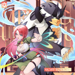 Rule 34 | 1girl, black eyes, black fur, braid, breasts, china dress, chinese clothes, cleavage, cleavage cutout, clothing cutout, dress, fighting stance, gen 8 pokemon, green dress, green eyes, grey fur, highres, holding, holding poke ball, hong meiling, large breasts, legendary pokemon, nintendo, open mouth, parted bangs, poke ball, poke ball (basic), pokemon, pokemon (creature), ranshangchen, red hair, thigh strap, touhou, twin braids, urshifu