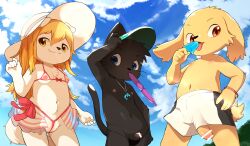 1girl 2boys :3 animal_ears bar_censor bikini black_male_swimwear blonde_hair blue_eyes blue_sky cat_boy cat_ears cat_tail censored closed_mouth cloud cowboy_shot cupless_bikini day dog_boy dog_ears dog_girl dog_tail flat_chest food foreskin frontal_wedgie furry furry_female furry_male hat holding holding_food holding_popsicle licking_food loli long_hair looking_at_viewer male_swimwear manmosu_marimo micro_bikini mouth_hold multiple_boys navel nipples open_mouth original penis penis_out popsicle red_bikini red_eyes shota sky small_penis string_bikini sun_hat swim_briefs swim_trunks swimsuit tail thong_bikini visor_cap wedgie white_fur white_hat white_male_swimwear yellow_eyes yellow_fur