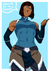 1girl ? absurdres avatar_legends blue_background blue_eyes border breasts brown_hair commentary covered_navel cowboy_shot dark-skinned_female dark_skin english_commentary english_text hand_on_own_hip highres korra looking_at_viewer mastrocecchi medium_breasts short_hair simple_background solo speech_bubble the_legend_of_korra white_border