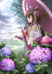brown_eyes brown_hair closed_eyes flower hair_ribbon hill hydrangea japanese_clothes kimono obi oichi oichi_(sengoku_musou) parasol ponytail rain rainbow ribbon sash sengoku_musou smile tree umbrella score:0 rating:general Rule 34 | brown eyes, brown hair, closed eyes, flower, hair ribbon, hill, hydrangea, japanese clothes, kimono, obi, oichi, oichi (sengoku musou), parasol, ponytail, rain, rainbow, ribbon, sash, sengoku musou, smile, tree, umbrella