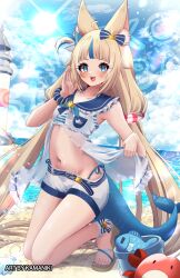1girl ahoge animal_ears beach bikini bikini_under_clothes blonde_hair blue_bikini blue_eyes blue_hair blue_nails blue_sky blush breasts cat_ears clothes_lift cloud crab dress dress_lift fins fish fish_girl fish_tail highleg highleg_bikini highres indie_virtual_youtuber kamaniki lifting_own_clothes long_hair looking_at_viewer low_twintails multicolored_hair nail_polish navel one_side_up open_mouth sameko_saba sand sandals sky small_breasts smile solo streaked_hair sun swimsuit tail toenail_polish toenails twintails very_long_hair water