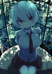 1girl arms_behind_back breasts closed_mouth damao_(kiwa777) dress_shirt glass highres large_breasts necktie non-web_source original shirt sitting source_request tagme white_hair