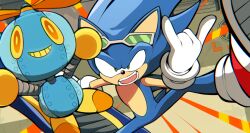 1boy :d \n/ animal_ears animal_nose blue_eyes blue_hair blue_star_(sonic_riders) body_fur closed_mouth colored_sclera fangs furry furry_male gloves glowing_mouth green-tinted_eyewear green_eyes grin hedgehog_boy hi-fi_rush looking_at_viewer omochao open_mouth orange_eyes outstretched_arms parody propeller red_footwear robot shoes smile sonic_(series) sonic_riders_(series) sonic_the_hedgehog sonic_the_hedgehog_(riders) tail teeth tinted_eyewear white_gloves wildblur yellow_pupils yellow_sclera