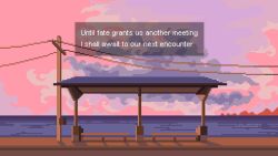 bench bus_stop cloud cloudy_sky english_text highres horizon mountainous_horizon no_humans ocean onlypixeeels original outdoors park_bench pastel_colors pixel_art power_lines scenery shadow sky sunset
