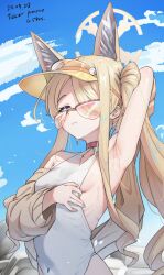1girl animal_ears arm_behind_head armpits blonde_hair blue_archive blue_sky breasts brown_jacket cloud commentary commentary_request covered_navel dated day english_commentary fox_ears fox_girl halo highres jacket long_hair looking_at_viewer mixed-language_commentary official_alternate_costume one-piece_swimsuit outdoors revision ribs seia_(blue_archive) seia_(swimsuit)_(blue_archive) side_ponytail sky small_breasts solo sunglasses swimsuit ticker_(kks2ksy) upper_body visor_cap wet white_one-piece_swimsuit yellow_halo