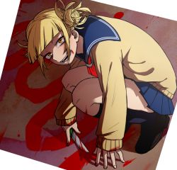 10s 1girl blonde_hair blood blunt_bangs blush boku_no_hero_academia cardigan double_bun fangs female_focus hair_bun knife komiya_harumoto long_sleeves messy_hair open_mouth school_uniform serafuku shoes skirt smile socks solo squatting toga_himiko weapon yellow_eyes