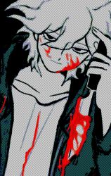 1boy black_background black_eyes blood blood_on_clothes blood_on_face bloody_knife bloody_weapon blue_jacket danganronpa_(series) danganronpa_2:_goodbye_despair grey_hair hand_up highres holding holding_knife jacket jaggy_lines knife komaeda_nagito looking_at_viewer male_focus open_clothes open_jacket short_hair simple_background solo upper_body uri_ka55 weapon