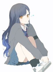 1girl black_hair highres hugging_own_legs jacket kamiyama_high_school_uniform_(project_sekai) long_hair long_sleeves looking_at_viewer multicolored_hair necktie pants pants_under_skirt project_sekai school_uniform shiraishi_an simple_background sitting skirt socks solo thighhighs two-tone_hair white_background white_footwear yellow_eyes yuki72611