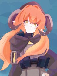 cropped_hoodie cyborg dragon_girl dragon_horns hood hoodie horns lala_tunapish orange_hair orpheus_(zenless_zone_zero) pointy_ears simple_background thighhighs zenless_zone_zero
