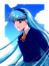 1girl blue_eyes blue_hair blue_hairband blue_skirt day faux_retro_artstyle hairband long_hair magic_knight_rayearth open_mouth outside_border ryuuzaki_umi school_uniform seiga_mitsuki skirt sky smile solo straight_hair upper_body very_long_hair