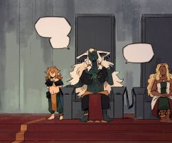 1girl 2boys absurdres androgynous blonde_hair couple dark_skin furry highres husband_and_wife link male_focus multiple_boys nintendo orphetoon pointy_ears rauru_(tears_of_the_kingdom) sonia_(zelda) speech_bubble the_legend_of_zelda the_legend_of_zelda:_tears_of_the_kingdom throne zonai