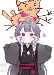 1girl bandaged_arm bandaged_hand bandages black_nails blue_archive child&#039;s_drawing gauze gauze_on_cheek go_yasukuni grey_hair grey_sleeves halo heart highres long_hair looking_at_viewer obi red_eyes red_halo sash shuro_(blue_archive) sideless_kimono sideless_outfit smile solo