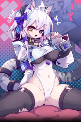 1girl absurdres animal_ear_fluff animal_ears black_thighhighs blue_eyes blue_hair bow breasts cameltoe cat_ears cat_girl cat_tail chinese_commentary commentary_request covered_erect_nipples covered_navel cropped_jacket hair_bow heterochromia highleg highleg_leotard highres imazawa jacket large_breasts leotard long_sleeves looking_at_viewer medium_hair o-ring open_mouth original paid_reward_available paw_pose pink_hair plaid_bow purple_bow solo tail thighhighs variant_set white_jacket white_leotard yellow_eyes