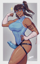 1girl aqua_eyes artist_name avatar_legends bare_shoulders blue_leotard breasts brown_hair clenched_hand commentary dark-skinned_female dark_skin dildo english_commentary grey_background hair_tubes hand_on_own_hip hand_wraps highres iahfy korra large_breasts leotard licking_lips long_hair looking_at_viewer muscular muscular_female naughty_face open_mouth owler ponytail sex_toy simple_background smile solo sparkle strap-on tattoo the_legend_of_korra thighs tongue tongue_out wrist_wrap