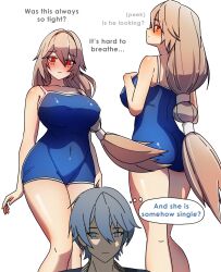 1boy 1girl alexandrina_sebastiane ass blue_one-piece_swimsuit blush breasts dorahdew english_text grey_eyes grey_hair hand_on_own_chest highres large_breasts long_hair navel one-piece_swimsuit red_eyes school_swimsuit swimsuit thighs wide_hips wise_(zenless_zone_zero) zenless_zone_zero