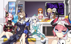 6+girls absurdres animal_ears armor bails bare_shoulders bartender black_gloves black_shirt blonde_hair blue_eyes blue_hair bow bowtie breasts bronya_zaychik bronya_zaychik_(haxxor_bunny) bronya_zaychik_(old_times) brown_hair chinese_clothes cleavage closed_mouth company_connection couch crossover delta_(honkai_impact) dress earrings elbow_gloves eye_mask eyepatch fischl_(genshin_impact) flower food fox_ears fox_mask genshin_impact gloves green_eyes grey_eyes grey_hair hair_flower hair_ornament hair_over_one_eye hand_fan highres holding holding_fan honkai_(series) honkai_impact_3rd horns indoors japanese_armor jewelry long_hair long_sleeves looking_at_viewer mask mihoyo multiple_girls neon_genesis_evangelion ninja orange_hair pink_hair pink_skirt pot purple_bow purple_bowtie purple_dress purple_eyes purple_flower purple_rose rita_rossweisse rita_rossweisse_(fallen_rosemary) rose rozaliya_olenyeva shirt single_earring sitting skirt sleeveless sleeveless_shirt smile souryuu_asuka_langley stuffed_toy theresa_apocalypse thighhighs vending_machine white_hair white_legwear yae_kasumi yae_sakura zhuge_kongming_(honkai_impact)