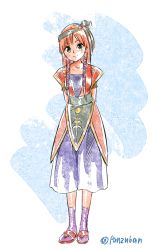 1girl arms_behind_back blush_stickers chrono_cross commentary dress full_moon green_eyes hair_ribbon hairband head_tilt highres long_hair looking_at_viewer moon orange_hair panzuban purple_ribbon leena_(chrono_cross) ribbon short_sleeves simple_background smile solo standing twitter_username