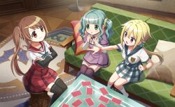 3girls annoyed artist_request ascot black_sleeves black_thighhighs blonde_hair blue_ascot blue_bow blue_bowtie blue_sailor_collar blue_skirt blunt_bangs bow bowtie breast_pocket brown_hair buttons card card_game carpet center_frills chuo_academy_school_uniform clenched_hands closed_mouth collared_shirt couch counter crest crossed_arms dot_nose dress frills full_body futaba_sana game_cg glass_table green_eyes green_hair grey_thighhighs hair_between_eyes hair_bobbles hair_intakes hair_ornament hair_ribbon hair_scrunchie high-waist_skirt high_collar highres indoors jewelry kamihama_university_affiliated_school_uniform kneehighs layered_sleeves light_blush living_room long_hair long_sleeves looking_at_another low_twintails magia_record:_mahou_shoujo_madoka_magica_gaiden mahou_shoujo_madoka_magica mahou_shoujo_madoka_magica_magia_exedra miniskirt mitsuki_felicia mizuna_girls&#039;_academy_school_uniform multiple_girls neck_ribbon no_shoes official_art on_couch on_stool pillow pink_eyes plaid_clothes plaid_skirt playing_card playing_games pleated_dress pleated_skirt pocket pointing pointing_at_another purple_dress purple_eyes red_ribbon red_sailor_collar red_skirt ribbon ring sailor_collar school_uniform scrunchie shirt shirt_under_dress short_dress short_over_long_sleeves short_sleeves side_ponytail sidelocks sitting skirt sleeves_past_wrists smile smug socks striped_wristband swept_bangs table tareme thighhighs third-party_source twintails v-shaped_eyebrows very_long_hair wavy_hair white_ribbon white_shirt wooden_floor wristband yellow_scrunchie yui_tsuruno zettai_ryouiki
