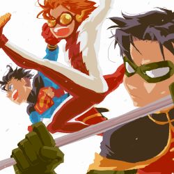 3boys bart_allen batman_(series) black_hair blue_eyes bodysuit cape dc_comics domino_mask earrings flash_(series) flying gloves goggles impulse jacket jewelry kon-el male_focus mask multiple_boys nisshie red_footwear red_gloves robin_(dc) running s_shield shoes staff superboy superman_(series) thigh_strap tim_drake weapon young_justice