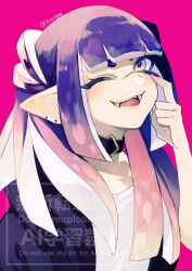 1girl artist_name commentary_request ear_piercing fangs gradient_hair highres inkling inkling_girl inkling_player_character kainesato long_hair multicolored_hair nintendo one_eye_closed piercing pink_background pink_hair pointy_ears purple_hair simple_background smile solo splatoon_(series) splatoon_3 tentacle_hair twitter_username two-tone_hair watermark