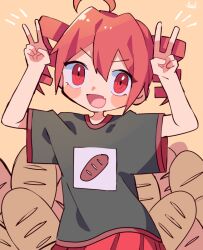 1girl ahoge arms_up baguette blush_stickers bread commentary double_v drill_hair fang food kasane_teto looking_at_viewer open_mouth pink_eyes pink_hair shirt short_sleeves smile solo t-shirt twin_drills utau v yellow_background yuusuke-kun